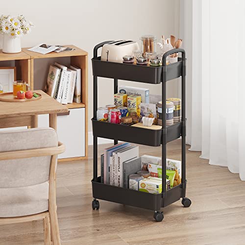 Sywhitta 3-Tier Plastic Rolling Utility Cart With Handle, Multi-Functional Storage Trolley For Office, Living Room, Kitchen, Movable Storage Organizer With Wheels, Black #TOP3
