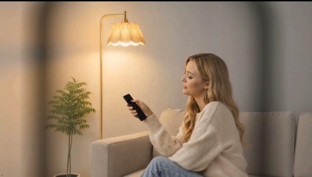 Image of JOOFO Boho Brushed Gold Floor Lamp with Remote, Flower-Inspired Shade | Pre-Assembled Shade, Stepless Dimming, 3 Color Temperatures, LED Bulb Included, Ambient Lighting for Living Room & Bedroom