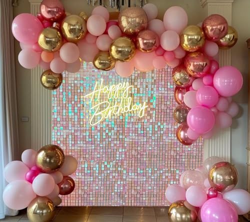 Image of Shimmer Wall Backdrop Pink Iridescent Square Sequin Wall Panel Backdrop Decor for Wedding, Anniversary, Birthday, Party, 36 Panels