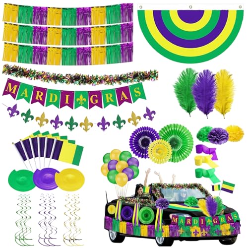 Carnival Decorations 47-Piece Carnival Party Kit for Car Parade and Home Decor Includes Banners Balloons Feathers Streamers and More for Festive Celebrations