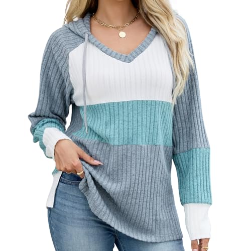 Hoodie Damen Dünner Pullover Kapuzenpullover Langarm Shirt Frauen Oberteile V-Ausschnitt Sweatshirt Farbblock Bluse Mit Kapuze Für Frühling Herbst Winter