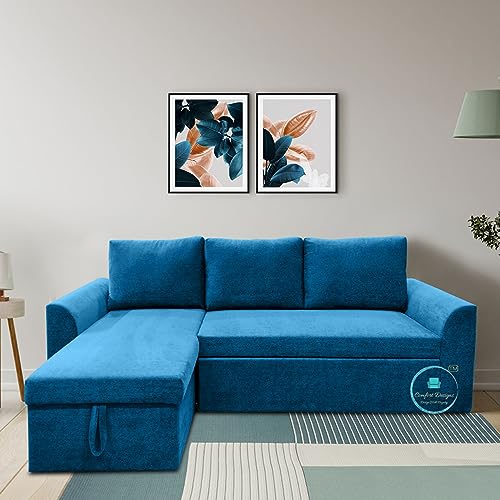 Image of Comfort Designs Creta 4 Seater Corner Sofa Cumbed for Living Room, Textured Premium Polyester Fabric, Functional Storage, Soft, Lightweight, Comfortable, Blue