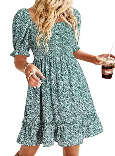 Image of Dokotoo Womens Casual Summer Dresses Short Sleeve Square Neck Smocked Boho Floral Sundress Flowy A-Line Mini Dress