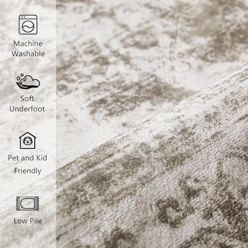 Runner Rug 3x8 Beige Hallway Washable Carpet Non Slip Vintage Medallion Carpet Low Pile Soft Distressed Retro Indoor Long Rug for Entryway Kitchen Bathroom Laundry Bedroom