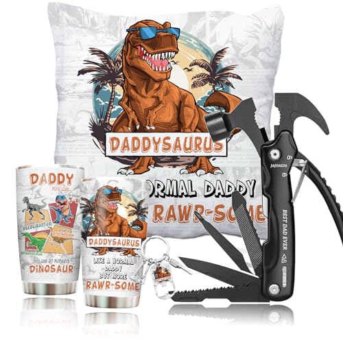 JAJOAGIA Dad Birthday Gifts Best Dad Ever Gift, Birthday Gifts for Dad from Daughter Funny Father Dad Christmas Gifts with Daddysaurus Tumbler 20oz,Multitool Hammber
