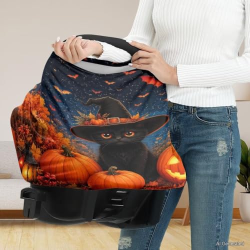 Image of Wanyint Baby Car Seat Cover Car Seat Canopy for Babies Boys Girls, Multi-Use Infant Breastfeeding Covers Nursing Scarf Halloween Decoration, Black Cat Witch Pumpkin Bat