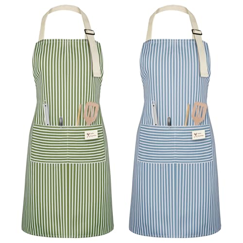 Vicloon Küchenschürze,2 Stück verstellbare Schürze mit 2 Taschen,Maschinenwaschbar, farbecht Schürze für Männer Damen Küche Restaurant Café-Grün/Blau