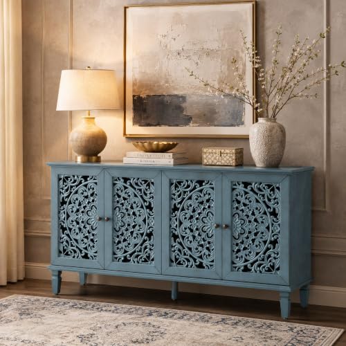 Image of Blue Sideboard Cabinet with Carved Doors, Blue Buffet Cabinet, Vintage Cabinet with Storage Shelves, Farmhouse Storage Cabinet for Dining Room, Living Room & Entryway
