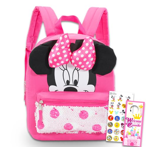 Disney Minnie Mouse Backpack for Girls Toddlers Kids ~ Bundle Includes 12' Minnie Preschool Toddler Backpack with Ears, Bow and Magic Reversible Sequins and Stickers (Minnie Mouse School Supplies)