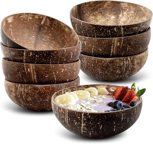 Lot de 8 bols en bois poli naturel en noix de coco - 450 ml - Pour smoothie, acai, salade, bouddha - Parfaits comme cadeaux végétaliens - Décoration de cuisine ou bols de service pour les fêtes - 15 x