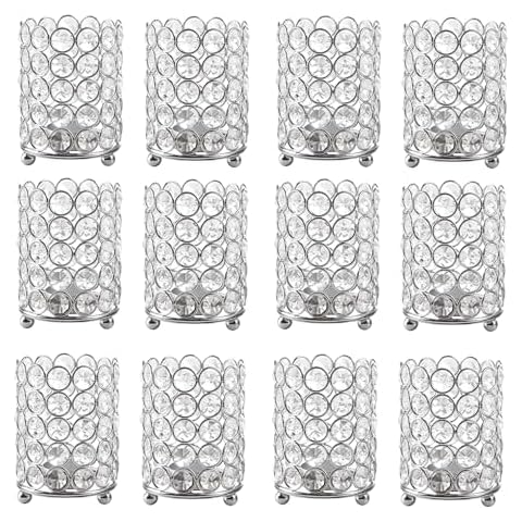 Set of 12 Pcs Wholesale Silver Crystal Bling Tealight Votive Candle Holders Wedding Event Table Centerpieces Decoration Bulk Lot 3.5 "x 2.2" Inch Size Votive Candle Holders for Christmas Birthdays Cover