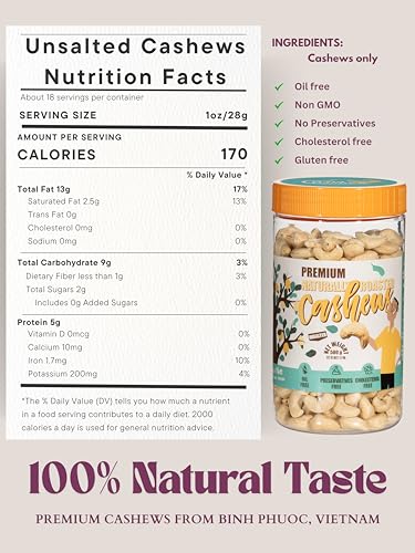 Image of Cashews Roasted Lightly Salted - Snacks for Adults, Whole Nut (No Mixed), Oil Free, Farm Fresh, Plant Based Protein, Promote Heart Health & Weight Loss, Only Nuts & Sea Salt, 17.64 oz (Pack of 1) (Unsalted)