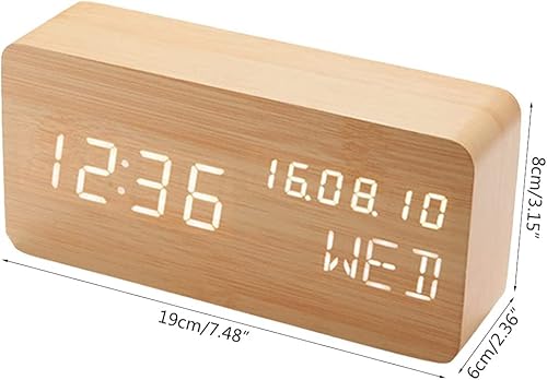 Pokanic Wood Digital Alarm Clock Desk Time, Date(Mm/Dd/Yy), Day Of The Week, Temperature, Nightlight Large Led Display Portable Lamp Bedroom, Office, School, Home, Livingroom, Room (Bamboo) #TOP6