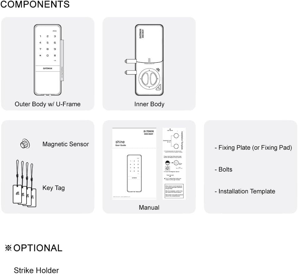 Diagram showing all components of the GATEMAN Shine Digital Glass Lock
