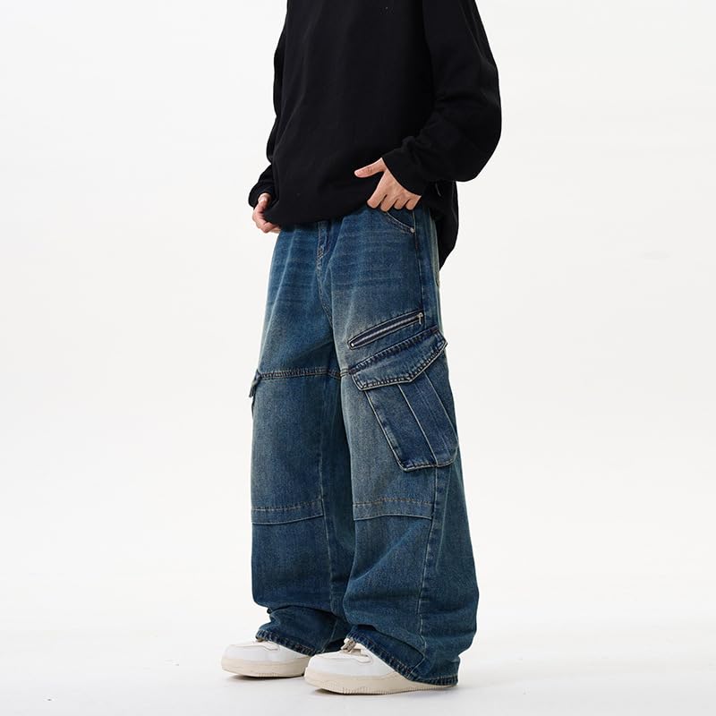 Men's Pants Spring Workwear Jeans Zipper Multi-Pocket Loose Trousers2