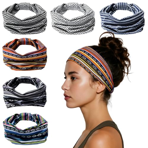 Image of HSEM Striped Headbands for Women 6-Pack - Soft Thick Head Bands, Wide Stretchy Elastic Non-Slip Bands - Large Knotted Sports Sweat Bands for Washing Face, Makeup, Running, Spa, Fitness & Fashion