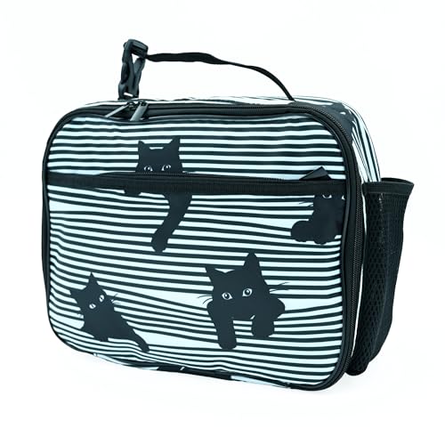 Betyiwling Cute Cat Striped Black White Lunch Box Insulated Reusable Lunch Bag Tote Cooler for Women Men Boy Girl School Work Office Picnic
