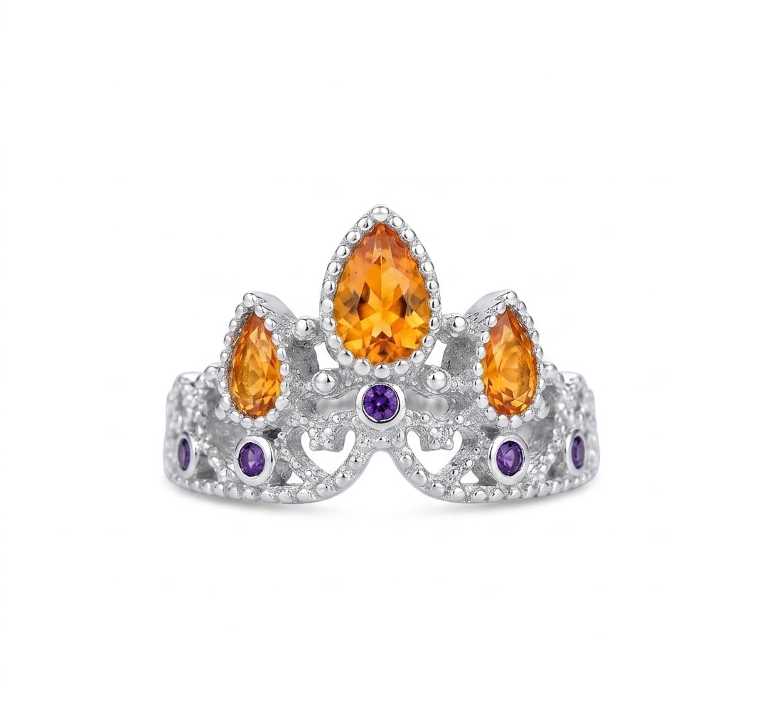 Crown-Shaped Ring with Pear-Cut Citrine and Amethyst Stones, Silver Tone, Vintage Style-image-32