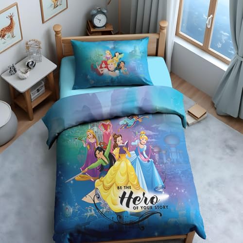 Image of Sassoon Disney Princess (Blue) Digital Printed, Cotton Single Bedsheet, 300 TC, 1 Pillow Cover, Fade Resistant, Bedsheet for Kid's Bedroom, (1.50m X 2.35m)