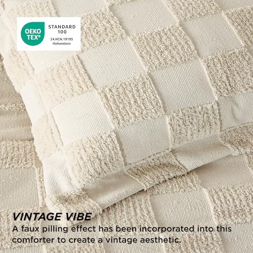 Image of Bedsure King Size Comforter Set Emerald, Boho Tufted Bed Set, Checkered Farmhouse-Style Distressed Vintage Bedding, 3 Pieces, 1 Plaid Geometric Comforter and 2 Pillow Shams