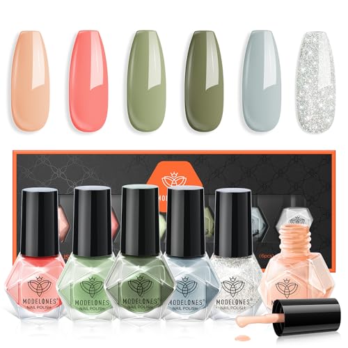 modelones Nail Polish Set 6 Colors Glitter Nude Nail Polish Set Quick Dry Coral Green Light Blue Polish Kit Finger Nail Polish Bulk Manicure DIY Nail Art Salon Home Gift For Women Girl