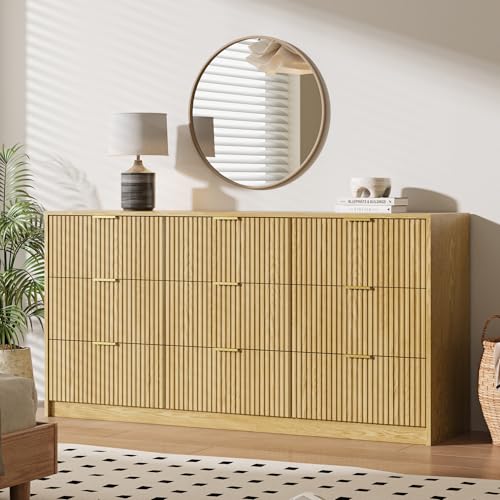 Image of MAISONARIA 63 inch Wide Fluted 9-Drawer Dresser for Bedroom, Natural