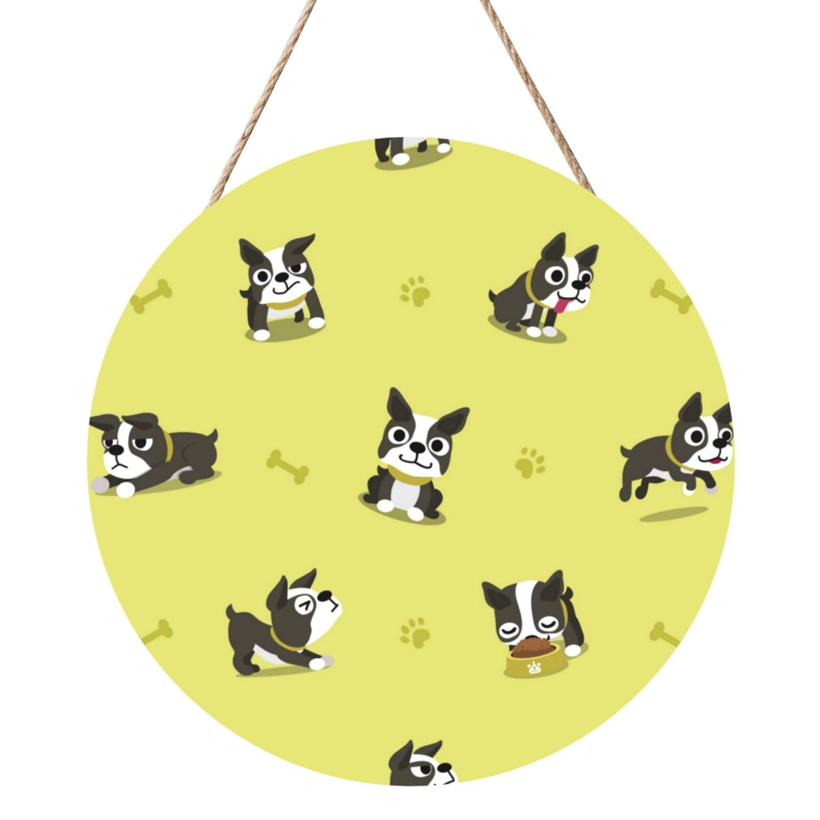 InOmak Cartoon Boston Terrier Dog, Round Wood Panel Painting 12 in, Wall Hanging Painting For Home