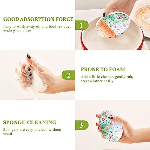 Image of Pink Flowers Field Kitchen Sponges Autumn Spring Summer Floral Cleaning Dish Sponges Non-Scratch Natural Scrubber Sponge for Kitchen Bathroom Cars, pack of 3