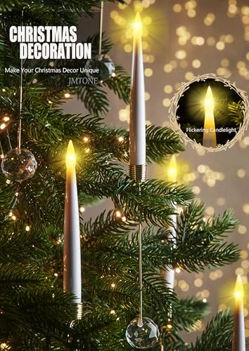 Image of Christmas Tree Candles, 12 Pack Flameless Taper Candles for Christmas Tree Decor, Battery Operated with Remote Flickering LED Candles with Clear Crystal Ball Gold Hook for Xmas Gift Wedding Home Decor