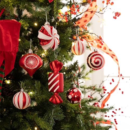 Valery Madelyn Christmas Ornaments Set, 108ct Candy Cane Red and White Shatterproof Christmas Tree Decorations Ball Ornaments Bulk, Decorative Hanging Ornaments for Xmas Trees Holiday Party Decor - Image 3