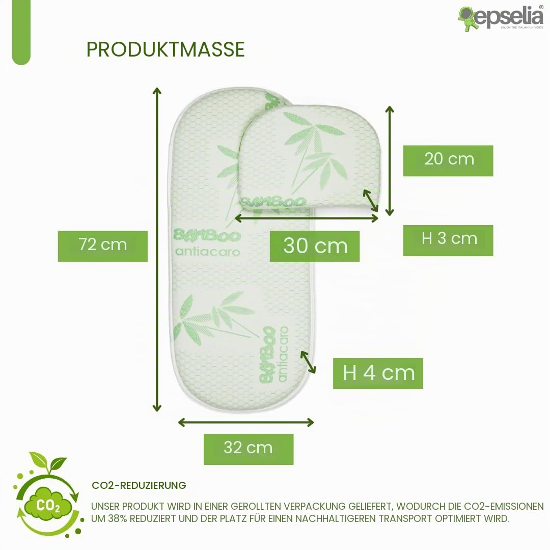 EPSELIA Bio-Bambu-Matratze für Kinderwagen, mit Kopfkissen, Zertifizierung gegen Erstickungsgefahr EN16890:2017, Struktur mit Belüftungslöchern, milbendicht, Oeko-Tex® Certipur™