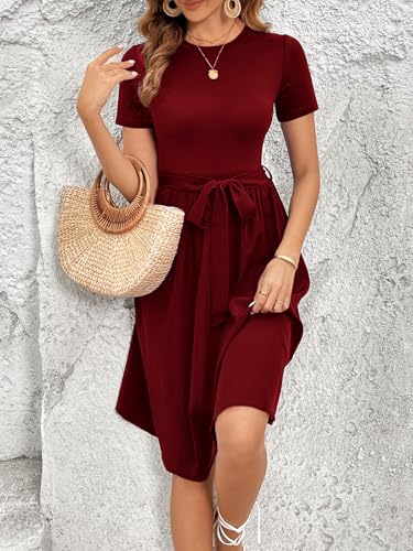 Image of Women's Elegant Vintage Round Neck Short Sleeve Summer Casual Work Party A-Line Dress with Belt 809