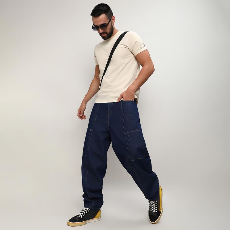 Image of CAHOOT Men's Cargo Denim Jeans for Everyday Wear | Dark-Wash | Button Closure |Regular Fit | Oversized Fit | Denim Jeans Crafted with Comfort Fit for Everyday Wear