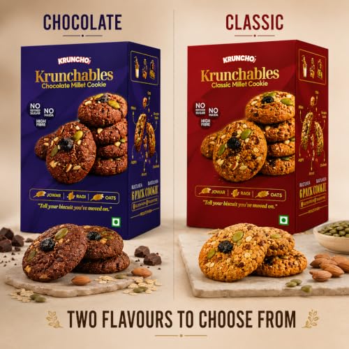 Image of KRUNCHO BY NVI Krunchables Millet Cookies Variety Pack | Chocolate & Classic Flavours | No Refined Sugar, No Maida | Made with Jowar, Ragi & Oats | 2 Boxes, 180g Total