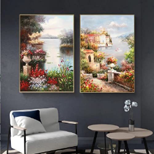 Affiche Mer Méditerranée et paysage de jardin sur toile 60x80cm pour décorer un salon lumineux