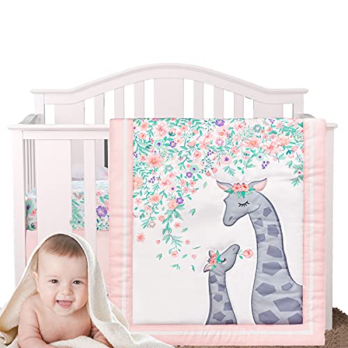 Image of Yolent Baby Girl Crib Bedding Sets Crib Set for Girls Mini Floral Nursery Crib Bedding Sets 3 Piece Pink and Grey Princess Crib Bedding Set