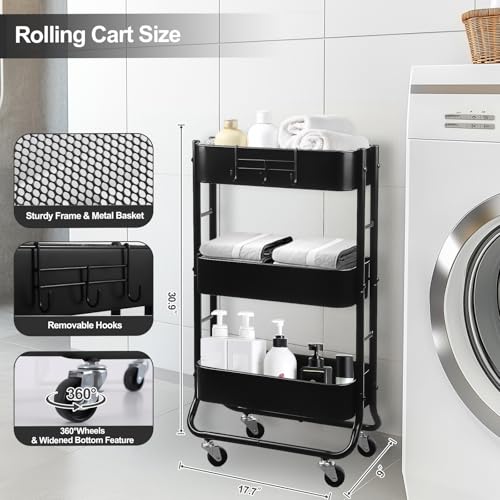 Image of MAX Houser Slim 3-Tier Rolling Utility Cart with Extra Hook, Black | Narrow Metal Bathroom Storage Multifunctional Organizer Carts with Wheels with Extra Hook, Laundry Room,Kitchen,Small Space