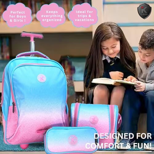 Image of i-kola 3pcs Kids Rolling School Bag Set - 16″ Trolley Backpack with Wheels, Spill-Proof Lunch Bag & Pencil Case - Telescopic Handle, Bottle Holder, L-Shaped Smooth Wheels, IKOLA - BLUEISH PINK, 16