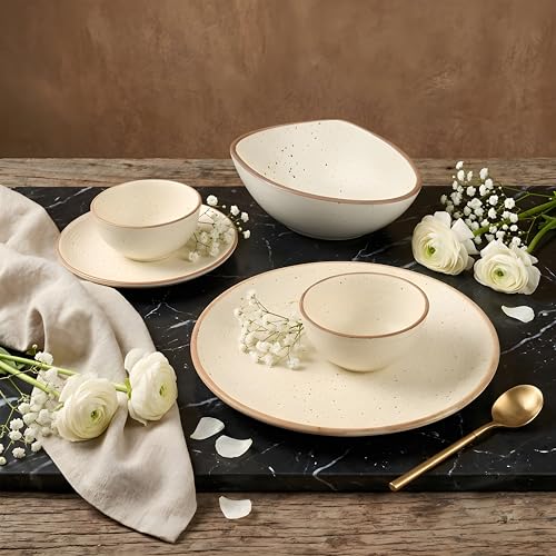 Image of Miah Decor Ceramic Dinner Set - 14-Piece Handmade Stoneware | 4 Bowls, 4 Quarter Plates, 4 Dinner Plates & 2 Serving Bowls | Off White Ribbed Matte Finish | Microwave & Dishwasher Safe | Ideal Gift
