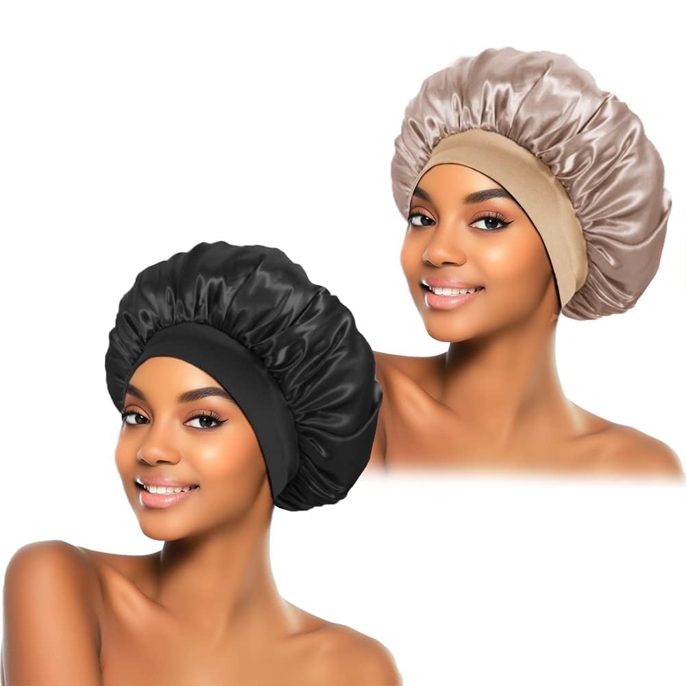 2Pcs Silk Bonnet for Sleeping, Satin Hair Bonnets, Soft Elastic Band Silk Sleep Cap, Hair Wrap for Women (Black Gold) 2Pcs Silk Bonnet for Sleeping, Satin Hair Bonnets, Soft Elastic Band Silk Sleep Cap, Hair Wrap for Women (Black Gold)