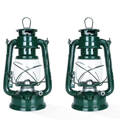 Petroleum Lamp Set of 2 - 25 cm Retro Outdoor Storm Lantern, Oil Lamp for Camping, Garden, Balcony & Home Decoration (2er set Armee-Griin)