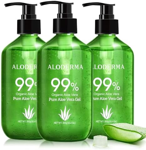 Aloderma 99% Organic Aloe Vera Gel Made within 12 Hours of Harvest - Pump Bottle - Lightweight Aloe Gel for Face and Body, Soothing and Hydrating Sunburn Relief, Great for Scalp & Hair, 3btls x 10.6oz