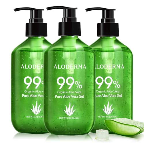 Aloderma Aloe Vera Gel Made within 12 Hours of Harvest with 99% Pure Organic Aloe Vera - Pump Bottle - Ideal for Face and Body, Soothing &amp; Hydrating Sunburn Relief, Great for Scalp &amp; Hair - 3 x 10.6oz