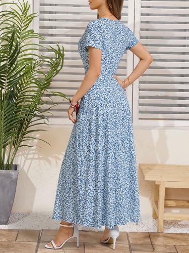 Image of HUHOT Women's Short Sleeve Wrap V Neck Dresses for Wedding Guest Summer Floral Maxi Sundresses with Pockets Boho Dress
