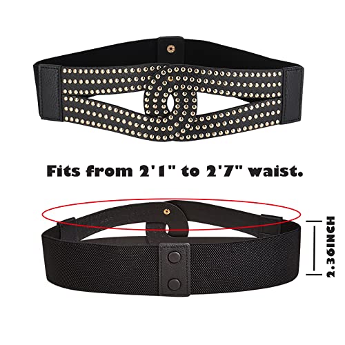 Women's Studded Vintage Wide Waistband Cinch Belts Rivet Elastic Fashion Leather Stretchy for Dresses(Black-1)2
