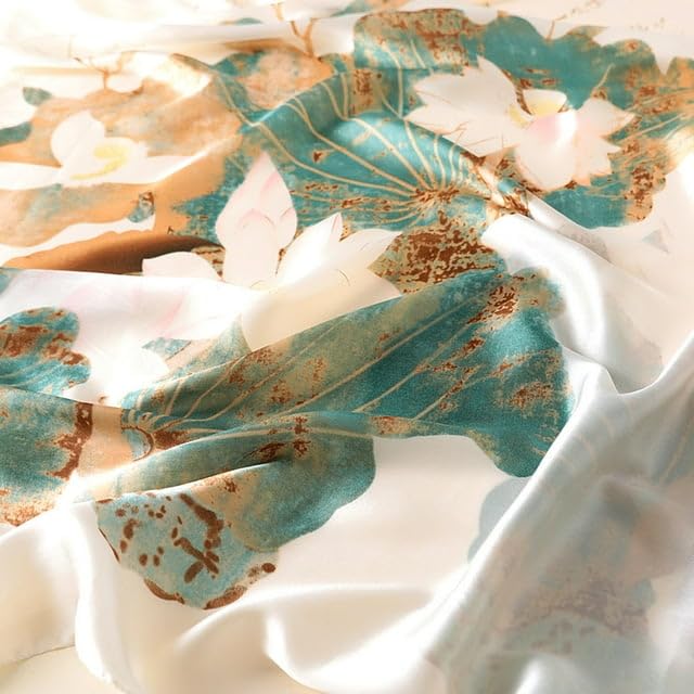 Image of Alexvyan Satin Silk Summer Scarves 170 x 84 cm, Floral Print Green and Off White Colour with Stitched Border, Lightweight Fashion Scarf for Women Sun Protection Stole
