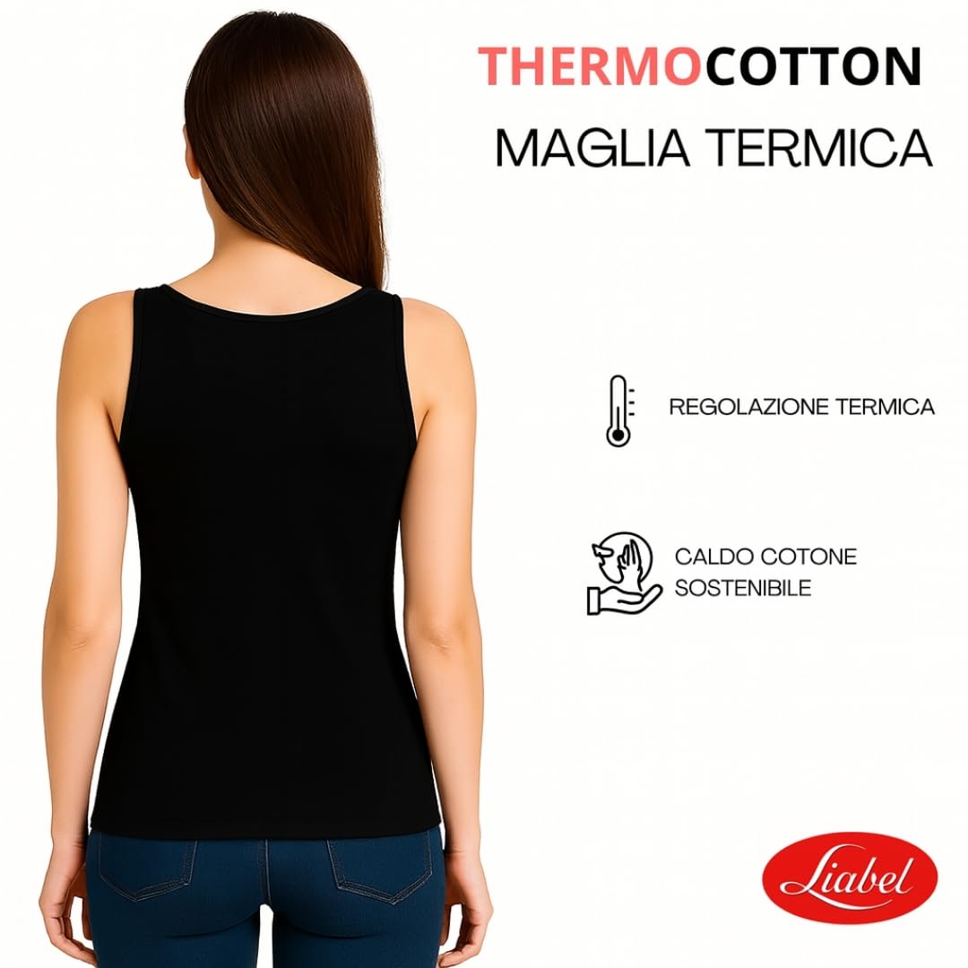 Liabel - Set 2 Maglie Termiche da Donna, Cotone Puro 100%, Mezze Corte o Spalla Larga, Bordo Raso, Trattamento Termico, Felpatura Soffice Bianche e Nere