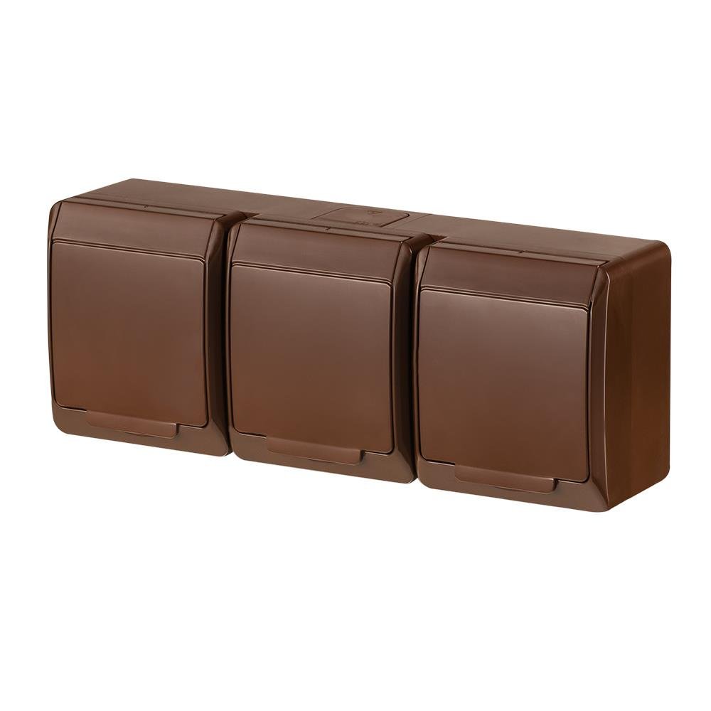 Prise triple Schuko montage apparent IP44 marron Hermes pour milieux humides