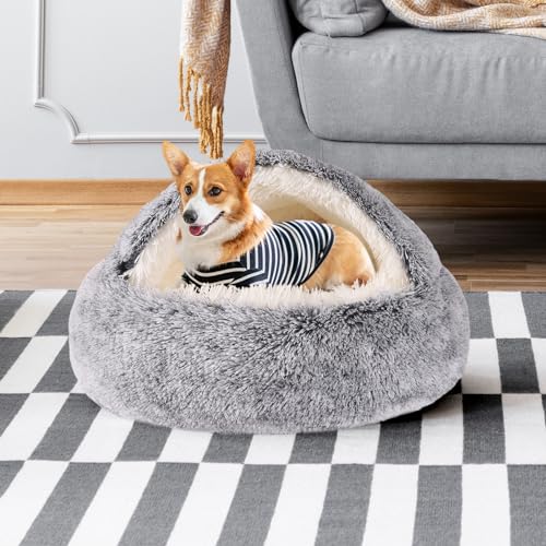 Round-Hooded-Cat-Bed-Dog-Bed-with-Cover-Cave-Dog-Bed-for-Small-Dogs-Faux-Fur-Cuddler-Round-Coved-Cat-Bed-Self-Warming-Donut-Dog-Bed-Fits-up-to-5-lbs-Pets-Gray-16inch-x-16inch