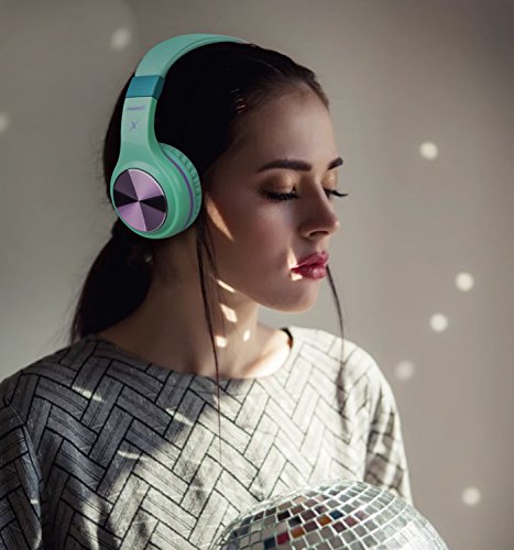 Riwbox XBT-80 Cuffie over-ear Bluetooth Wireless, pieghevoli stereo, con microfono e controllo del volume, e jack per PC/ cellulari/ TV/ iPad, Purple Green